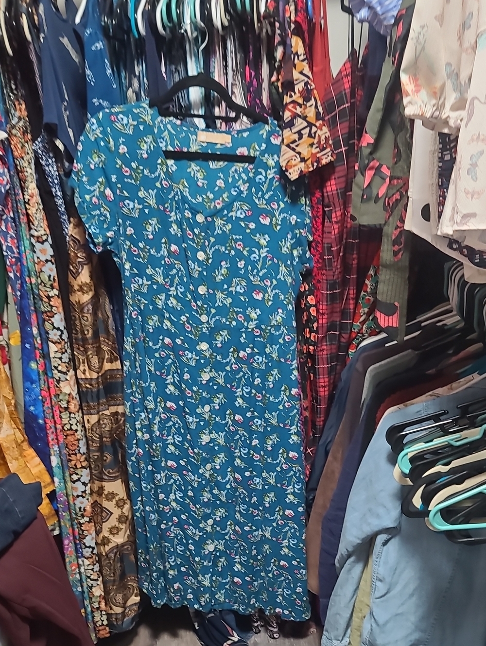 Blue Floral Short-Sleeve Midi Dress Pockets Tie Back Vintage 90s La Cera